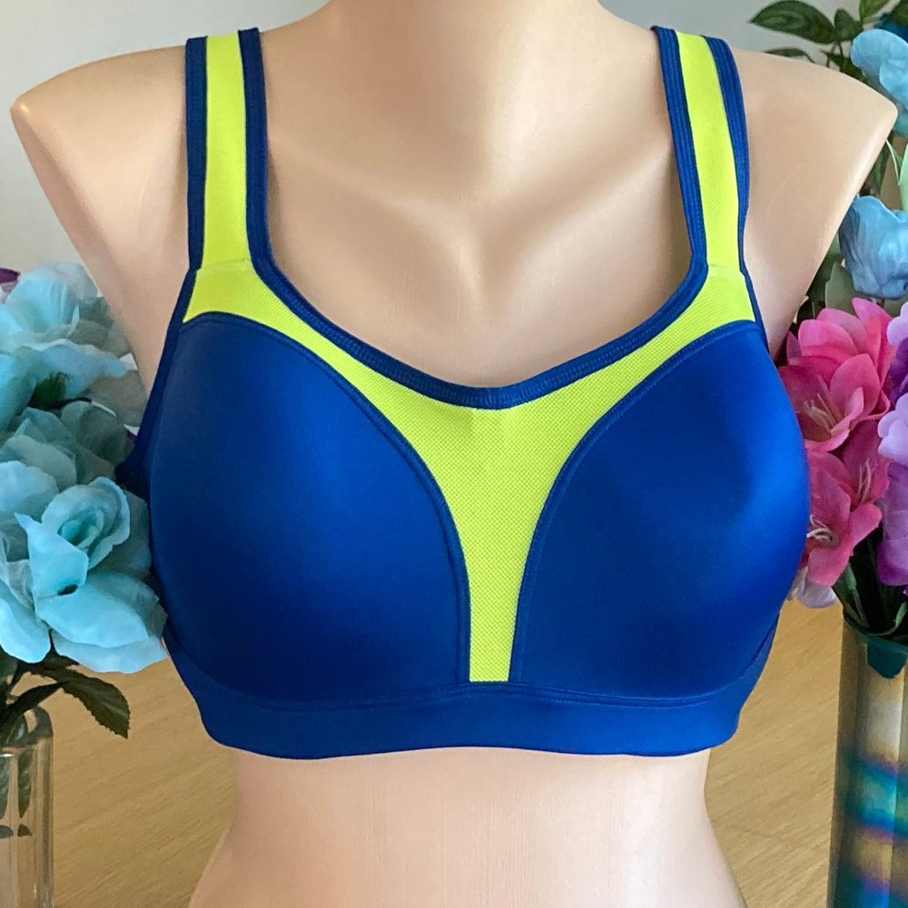 922 Wacoal 38DD Navy & Neon Yellon Sport Contour Formed Underwire Bra #853209